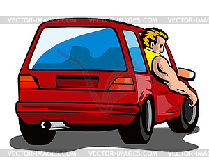 Red Car Station Wagon with Man - color vector clipart