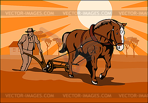 Farmer and Horse Plowing Farm Retro - vector clipart