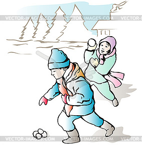 Children Playing with Snow - vector clip art