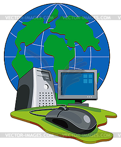 Computer Mouse Connected Globe Retro - vector clip art