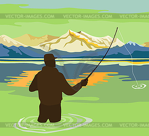 Fly Fisherman Rod and Reel Retro - vector clipart
