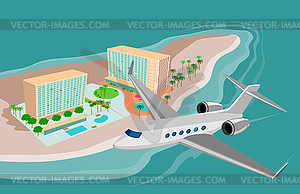 Airplane Flying on Beach Resort - vector clipart