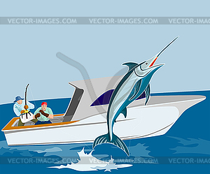 Blue Marlin Fish Jumping Retro - vector image