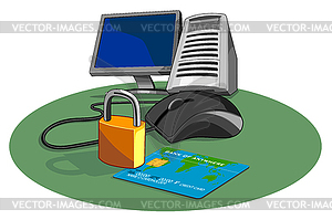 Computer Mouse Credit Card Padlock Retro - vector image