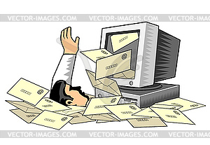 Illustration of man drowning from spam mail envelop - vector image