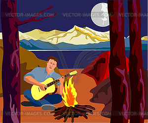 Man Camping Playing Guitar - vector clipart
