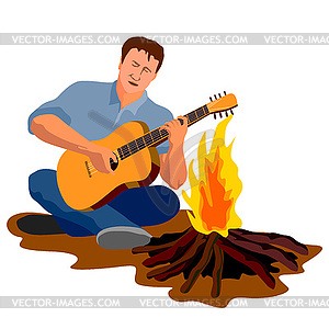 Man Camping Playing Guitar - color vector clipart