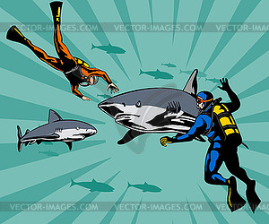 Scuba Divers and Sharks - vector image