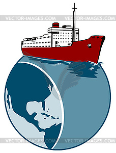 Passenger Cargo Ship on Top of Globe - vector image