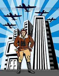 Space Cowboy with Buildings and Airplane - vector image