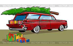 Red Car Station Wagon Christmas - vector image