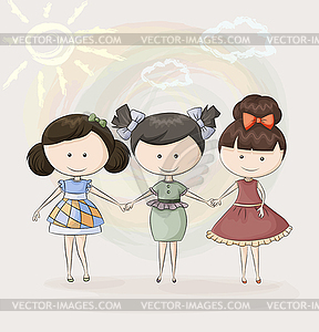 Three happy girl friends - vector clipart