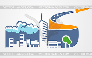 Rocket over city skyscrapers - vector clipart