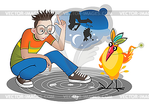 Cute smart boy pointing up his index finger is - vector clipart