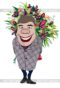 Smiling romantic man giving flowers - vector EPS clipart