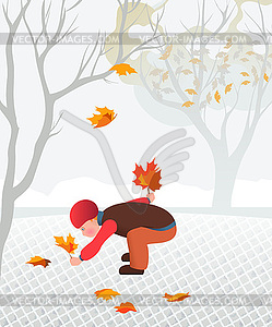 Little child collecting fallen leaves - vector clip art