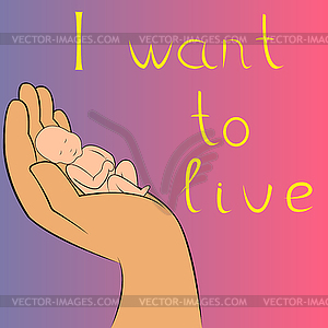 Unborn Baby In Human Hand - vector clip art