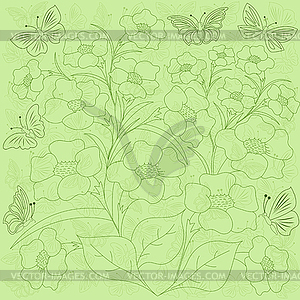 Flowers and butterflies green background - vector clipart / vector image