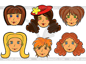 Set of six cartoon women faces - vector clipart