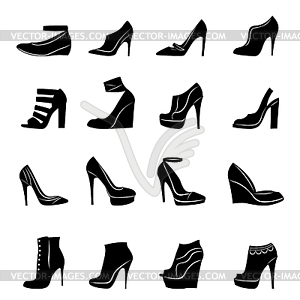 Set of sixteen models of stylish women footwear - vector clipart