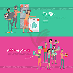 Big Offer Kitchen Appliances Set Of People On Sale Vector Clipart