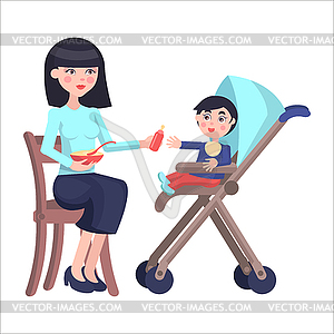 Mother Feeds Baby Boy who sits on Toddler Carriage - vector clipart