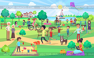 Big Green Park With People Of All Ages On Nice Day Vector Clipart