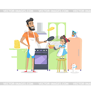 Vater Und Sohn Kochen Abendessen Fruhstuck Zubereiten Vektor Clipart Vektorgrafik