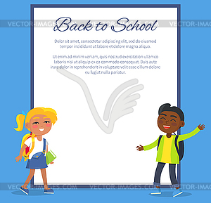 Back To School Poster With Blonde Girl Indian Boy Color Vector Clipart