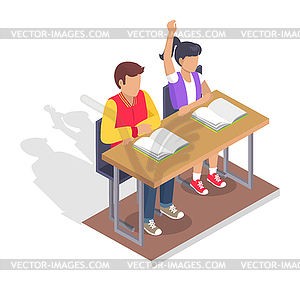 Two Students Boy And Girl Sit At Desk With Books Vector Clip Art