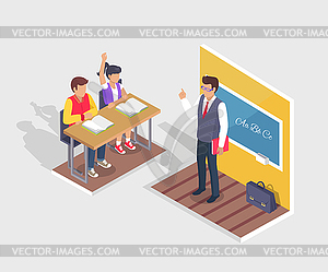 Two Students Boy And Girl Sit At Desk Teacher Stand Vector Clipart