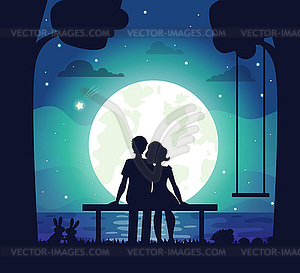 Romantische Paare Die Auf Kuste Unter Mondschein Sitzen Stock Vektor Clipart