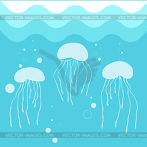Jellyfish Swimming In Blue Sea Water Background Vector Clip Art