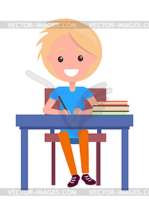 Blonde Boy With Textbooks At School Table Vector Clipart Vector Image