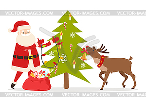 Santa Claus Und Grosses Rentier Verzieren Tannenbaum Vector Clipart Vektor Bild