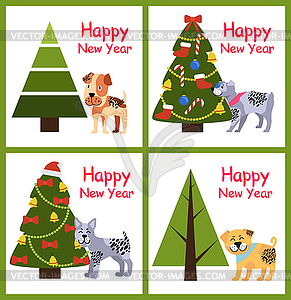 Frohes Neues Jahr Poster Set Weihnachten Hunde Symbol Baume Vektor Clipart Vektorgrafik