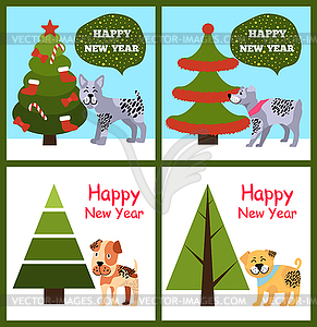 Frohes Neues Jahr Poster Set Weihnachten Hunde Symbol Baume Farbige Vektorgrafik