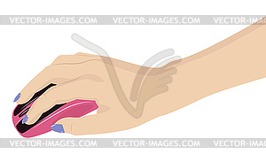 Female hand holding mouse - vector image