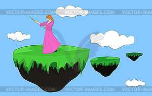 Fairy on flying island - vector image