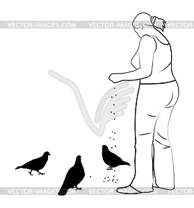 Girl feeds pigeons - royalty-free vector clipart