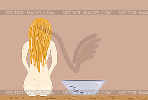 Naked girl sitting on bench - vector image