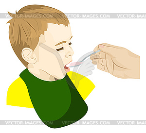 Ребенок ест ложкой - изображение в векторном формате