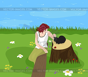 Girl sits on log and strokes cat - vector image