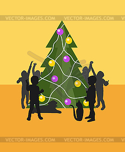 Children near Christmas tree - vector clipart