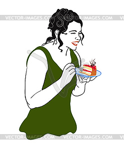 Plump girl eat cake - vector clipart