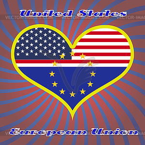 Flags of USA in heart shape with highlights on edges - vector clipart