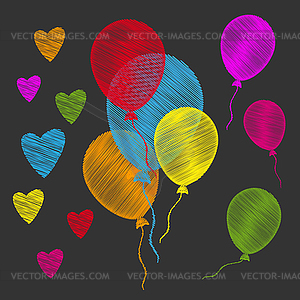 Разноцветные воздушные шары и сердечки - рисунок в векторе
