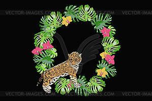 Print exotic flower orchid and jaguar - vector clip art