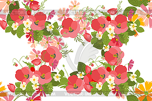 Floral background poppy and cosmos strawberries - vector image