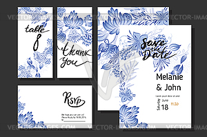 Set of blue flowers and bird - vector image